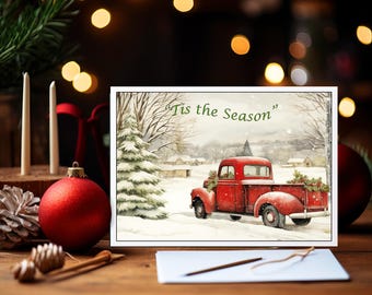 Merry Christmas Pop-Up Card With Red Vintage Truck & Tree - 3D Holiday Greeting Card With Notecard & Envelope By IGifts And Cards