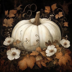 Puede incluir: Una calabaza blanca con un acabado liso y mate se sienta sobre un lecho de hojas marrones y verdes. La calabaza está rodeada de flores blancas con pétalos delicados.