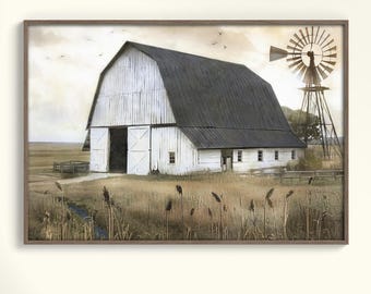 May include: A framed print of a rural landscape featuring a white barn with a dark roof and open doors. A windmill stands in the background, and tall grass fills the foreground. The sky is overcast, and the overall color palette is muted.