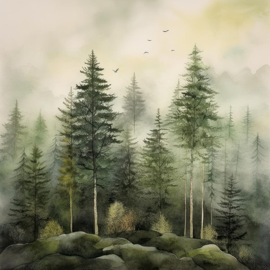 Misty Forest Landscape Printable Art Print | Evergreen Trees Wall Decor