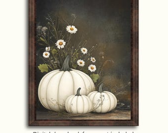 Arte de pared imprimible de naturaleza muerta con calabaza blanca rústica / Decoración de cosecha de otoño / Arte cottagecore de Halloween / Imagen de arte digital