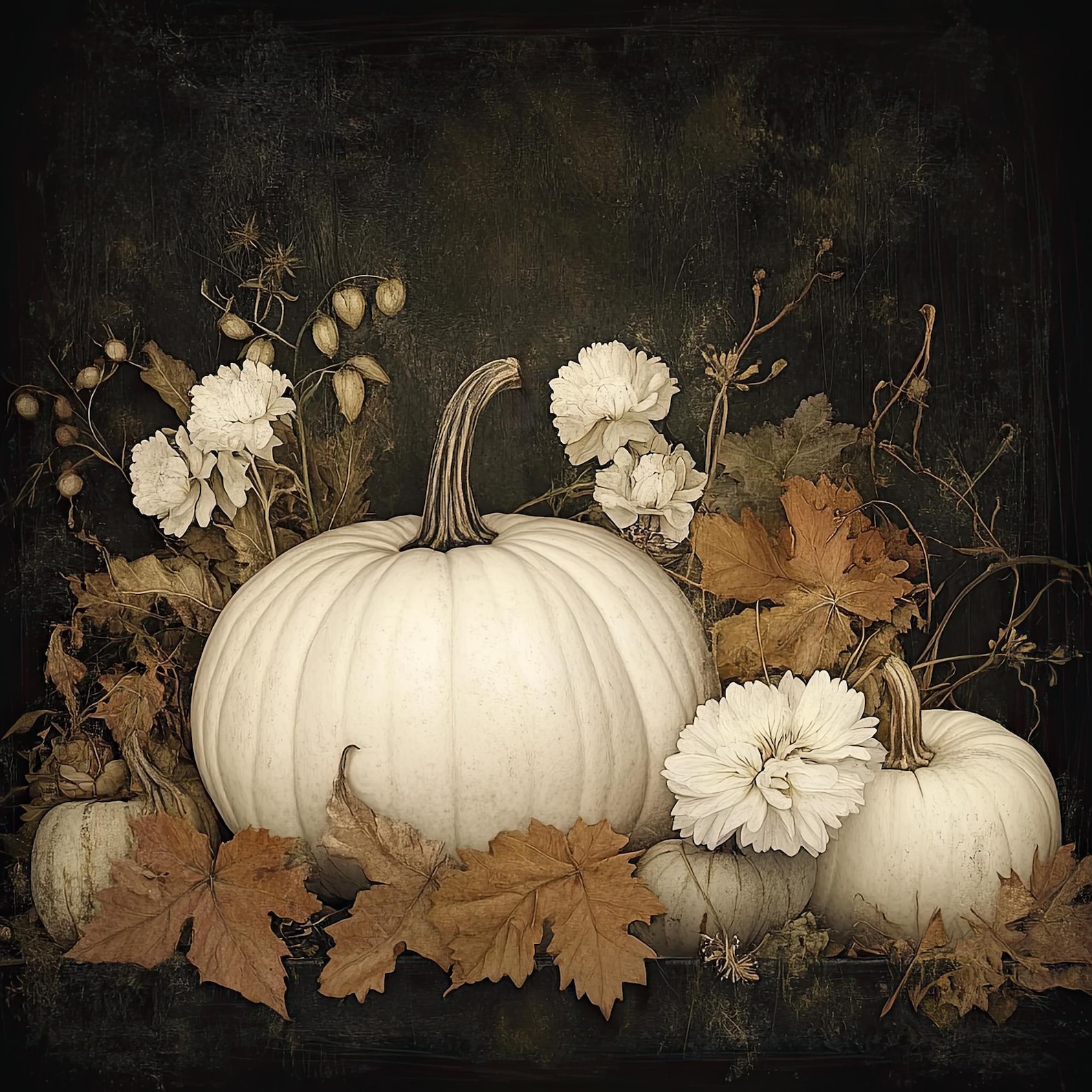 White Pumpkins With Fall Leaves and White Flowers Rustic Digital Wall ...
