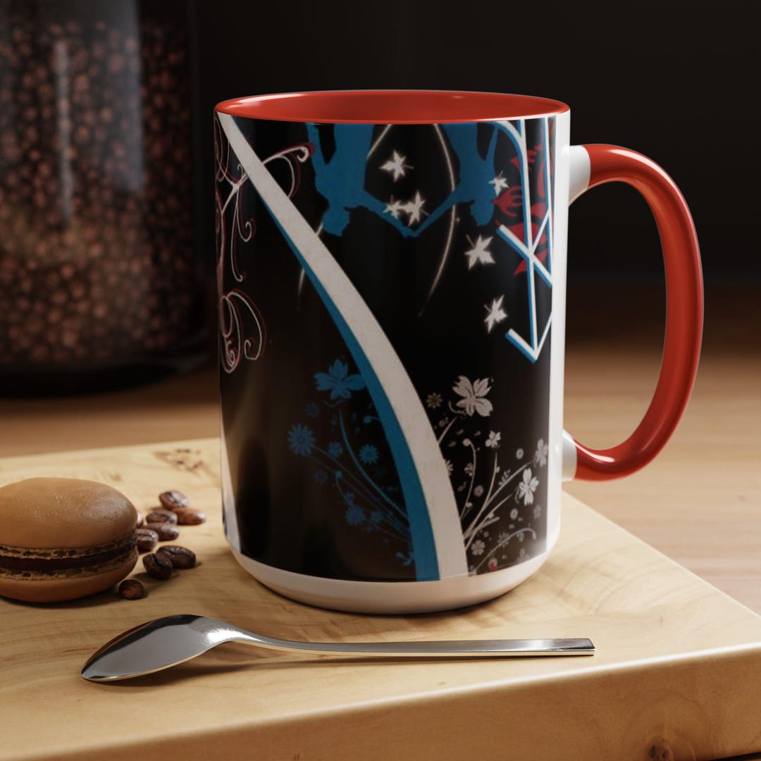 Floral Accent Coffee Mug: Stylish Black Mug, Colorful Interior - Etsy