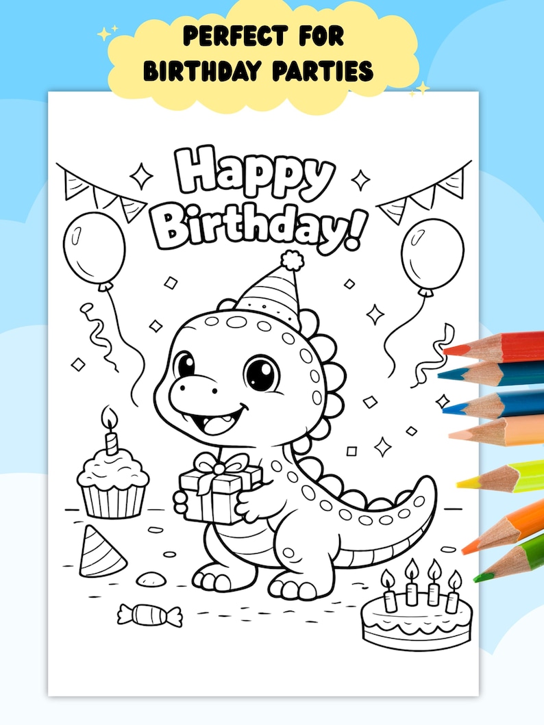 Dinosaur Birthday Coloring Page for Kids | Cute Dino Party Coloring ...