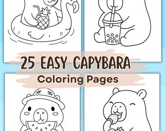 Capybara Coloring Pages Printable | 25 Easy Cute Capybara Coloring Sheets for Kids | Kawaii Animal Coloring Book PDF.