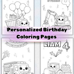Può includere: Quattro pagine da colorare in bianco e nero con temi di compleanno. Ogni pagina presenta un veicolo dei cartoni animati, come un dumper, un escavatore, un camion dei pompieri e un trattore. Il testo include "Happy Birthday Liam", "Liam compie 4 anni" e "Pagine da colorare di compleanno personalizzate".