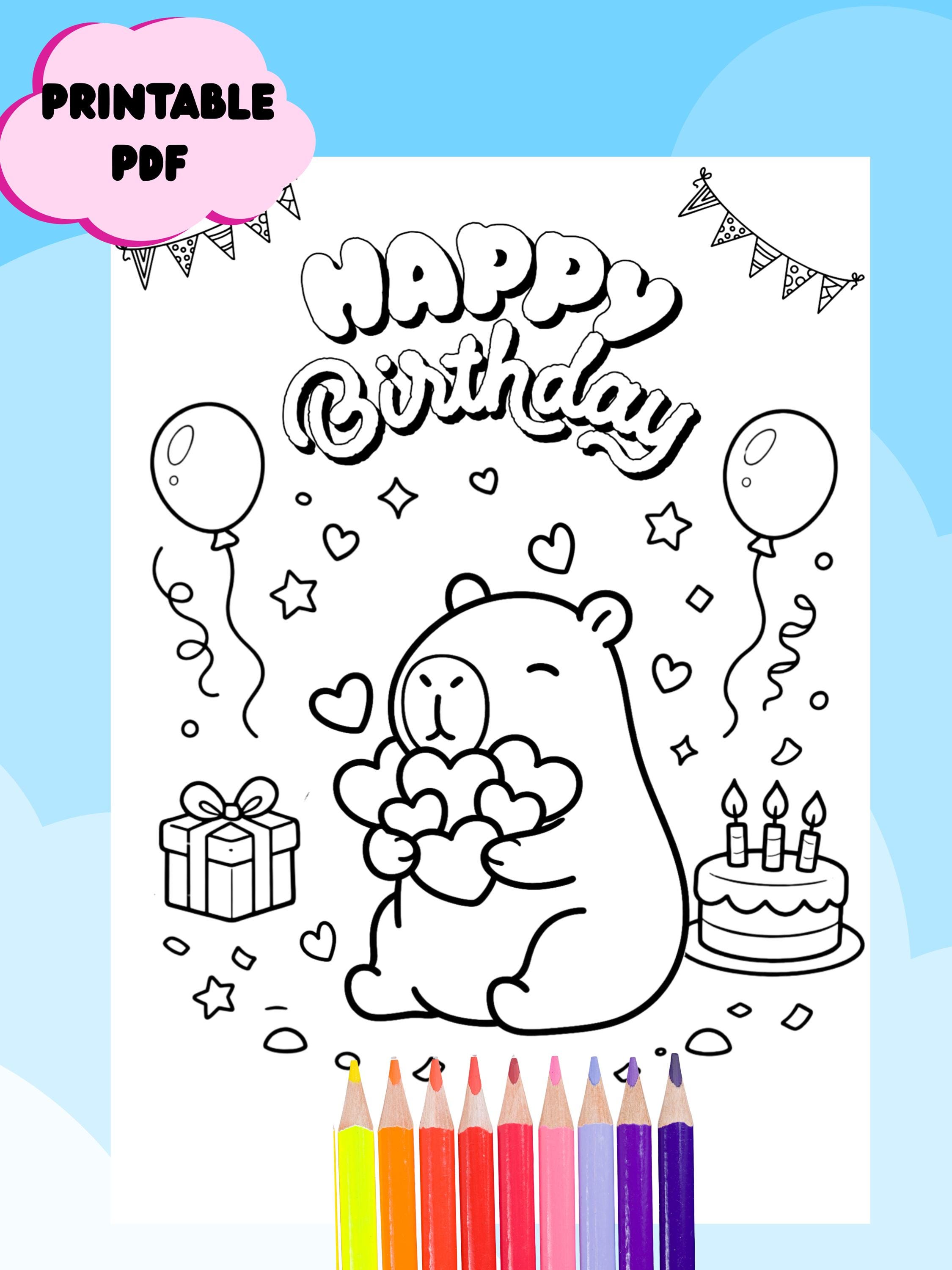 Kapybara Birthday Coloring Page Printable | Cute Capybara Coloring ...