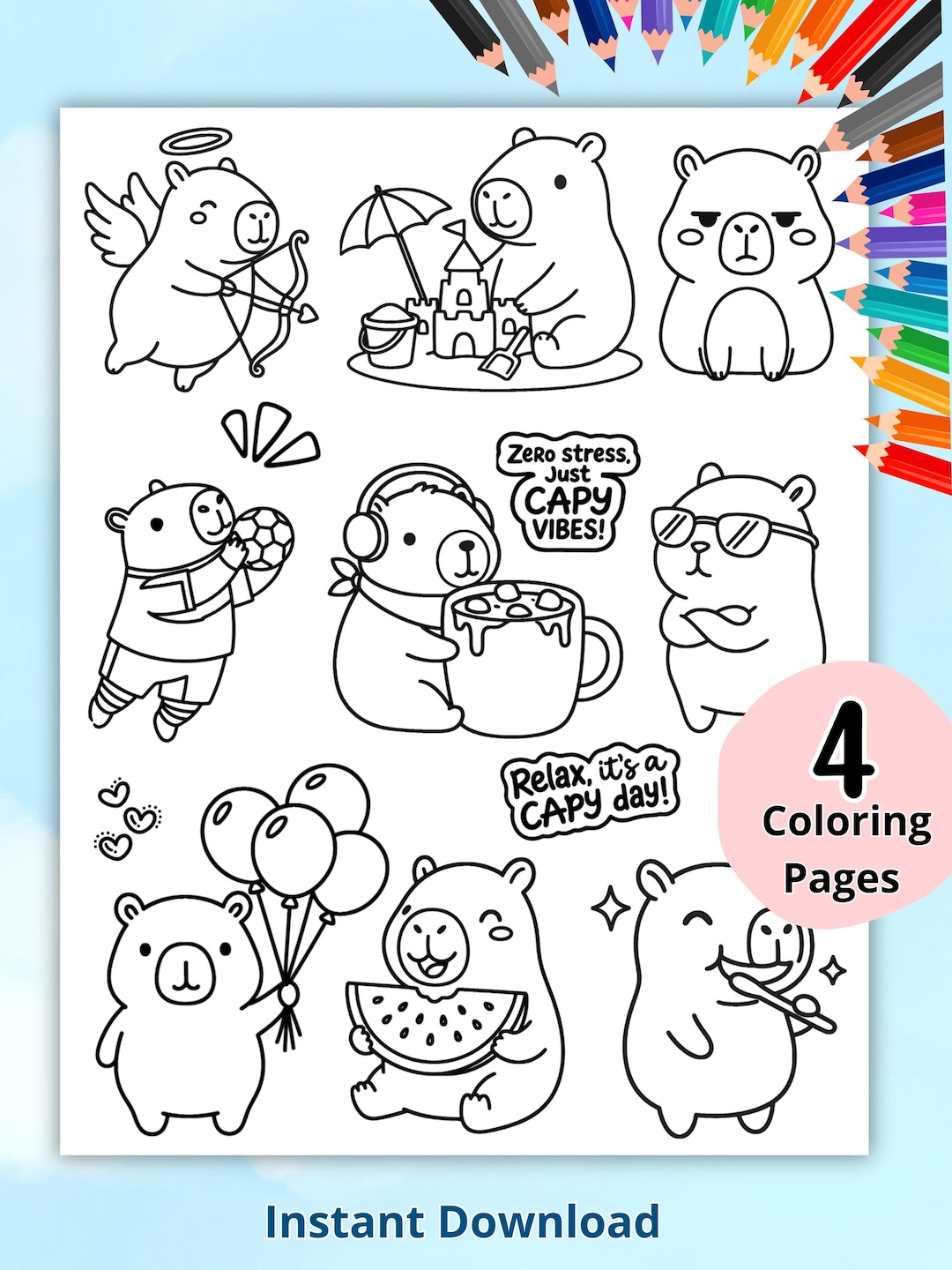 Capybara Coloring Pages Printable, Cute Animal Coloring Pages, Kawaii ...
