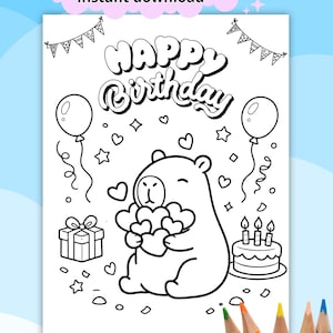 Può includere: Pagina da colorare in bianco e nero con il testo "Coloring Page" e "Instant download". La pagina presenta un orso che tiene cuori, palloncini, una torta di compleanno, un regalo e le parole "HAPPY Birthday".