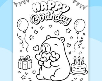 Kapybara Birthday Coloring Page Printable | Cute Capybara Coloring Sheet for Kids | Birthday Party Activity | Instant Download