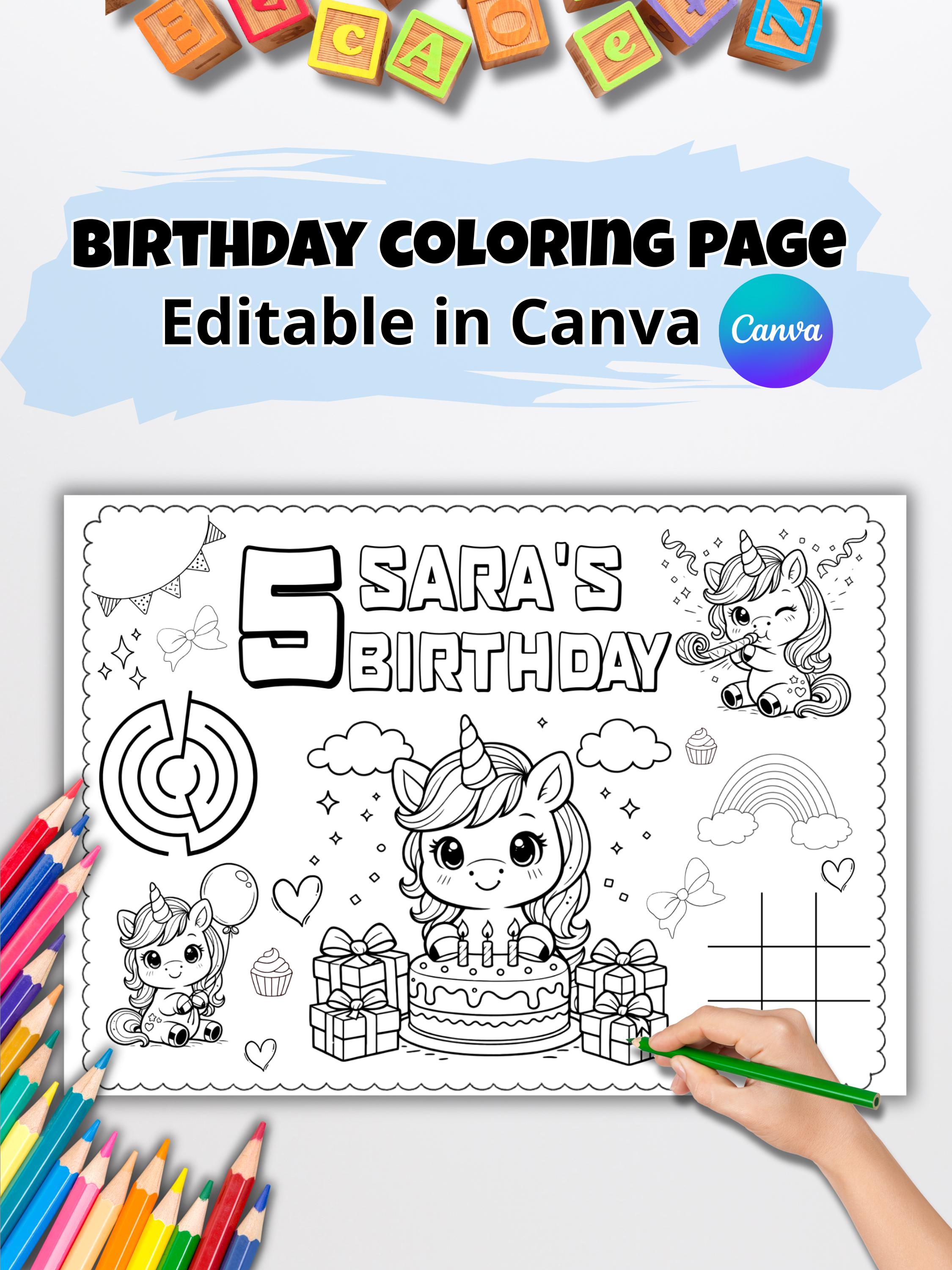 Editable Unicorn Birthday Coloring Page | Personalized Kids Coloring ...