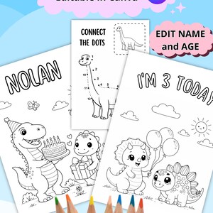 Può includere: Cinque pagine da colorare a tema dinosauri, modificabili in Canva, con i testi "NOLAN" e "I'M 3 TODAY". Include un'attività unisci i puntini e varie illustrazioni di dinosauri. Matite colorate visibili in basso.