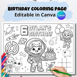 Può includere: Una pagina da colorare di compleanno in bianco e nero con il testo "BIRTHDAY COLORING PAGE Editable in Canva". La pagina presenta un astronauta che tiene in mano una torta, insieme ad altre illustrazioni a tema spaziale. Viene visualizzato anche il nome "DYLAN'S BIRTHDAY".