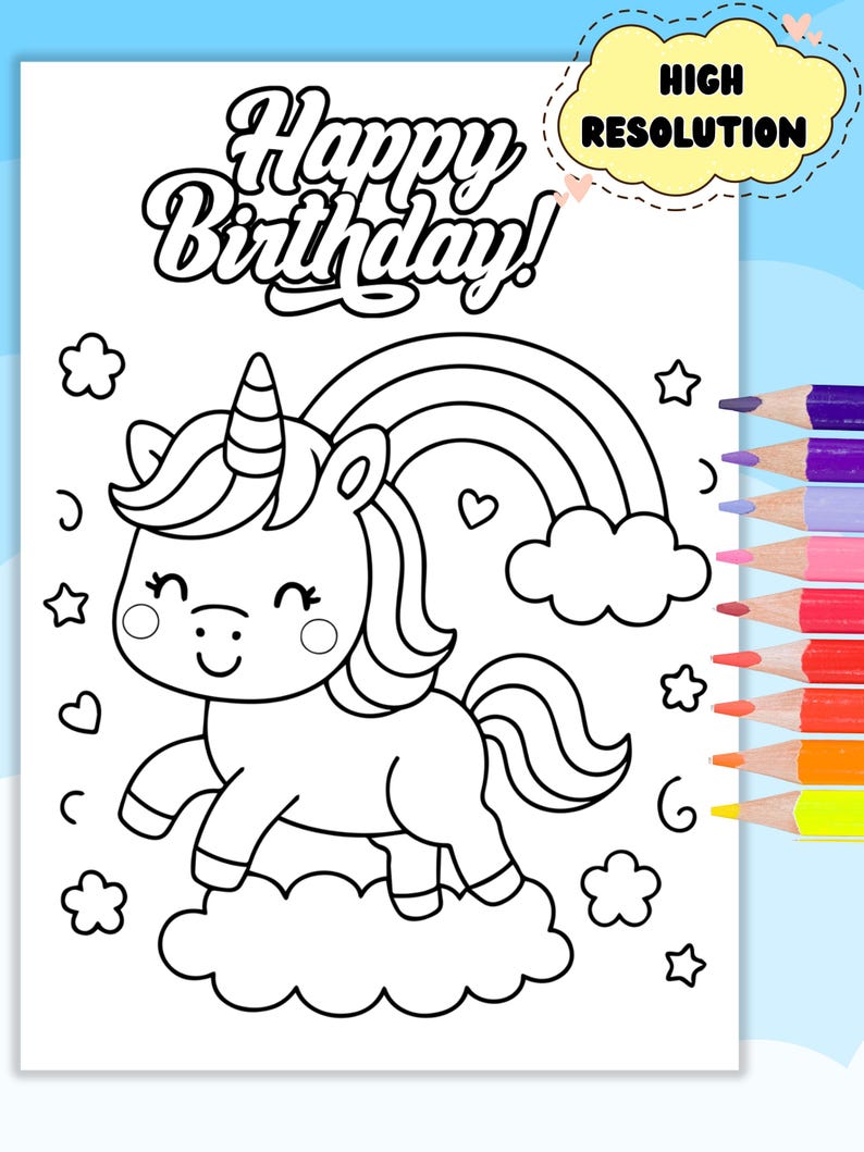 Unicorn Birthday Coloring Page Printable | Cute Unicorn Coloring Sheet ...