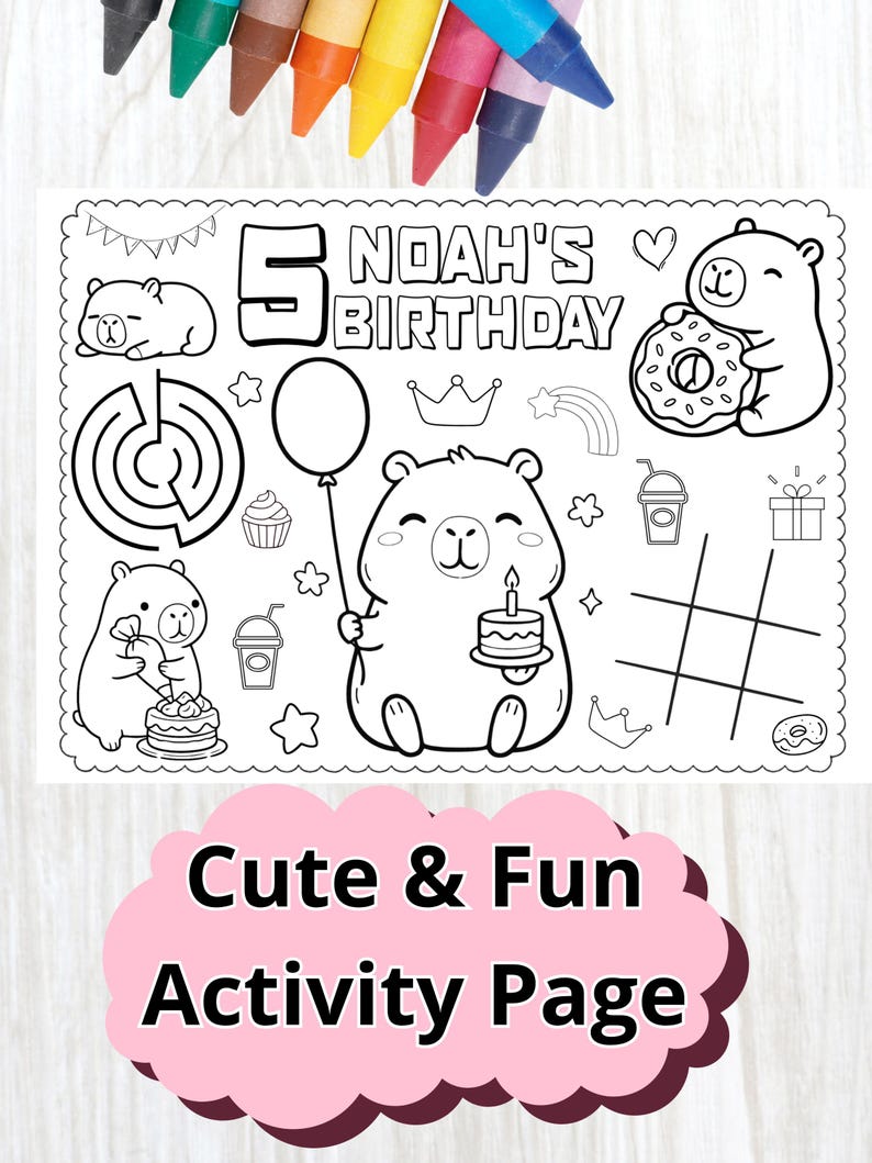 Capybara Birthday Coloring Page Editable in Canva | Personalized Kids ...