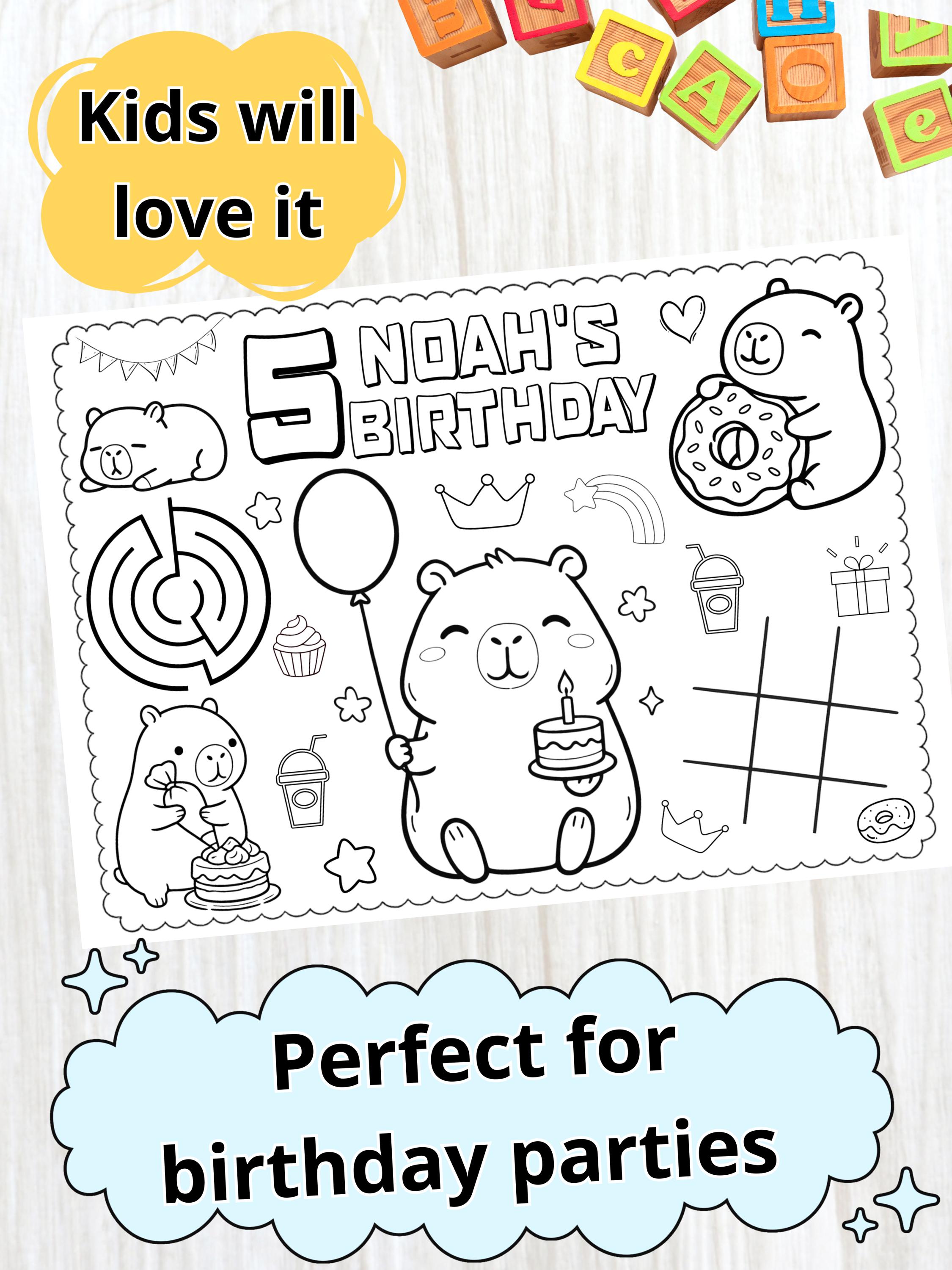 Capybara Birthday Coloring Page Editable in Canva | Personalized Kids ...