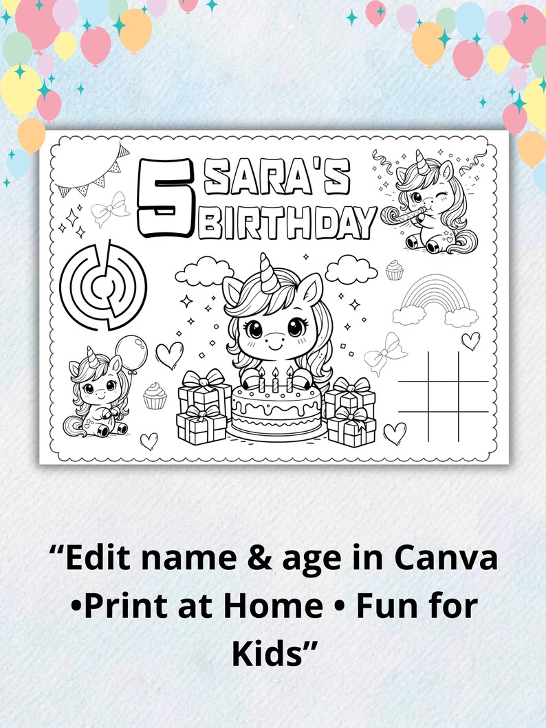 Editable Unicorn Birthday Coloring Page | Personalized Kids Coloring ...