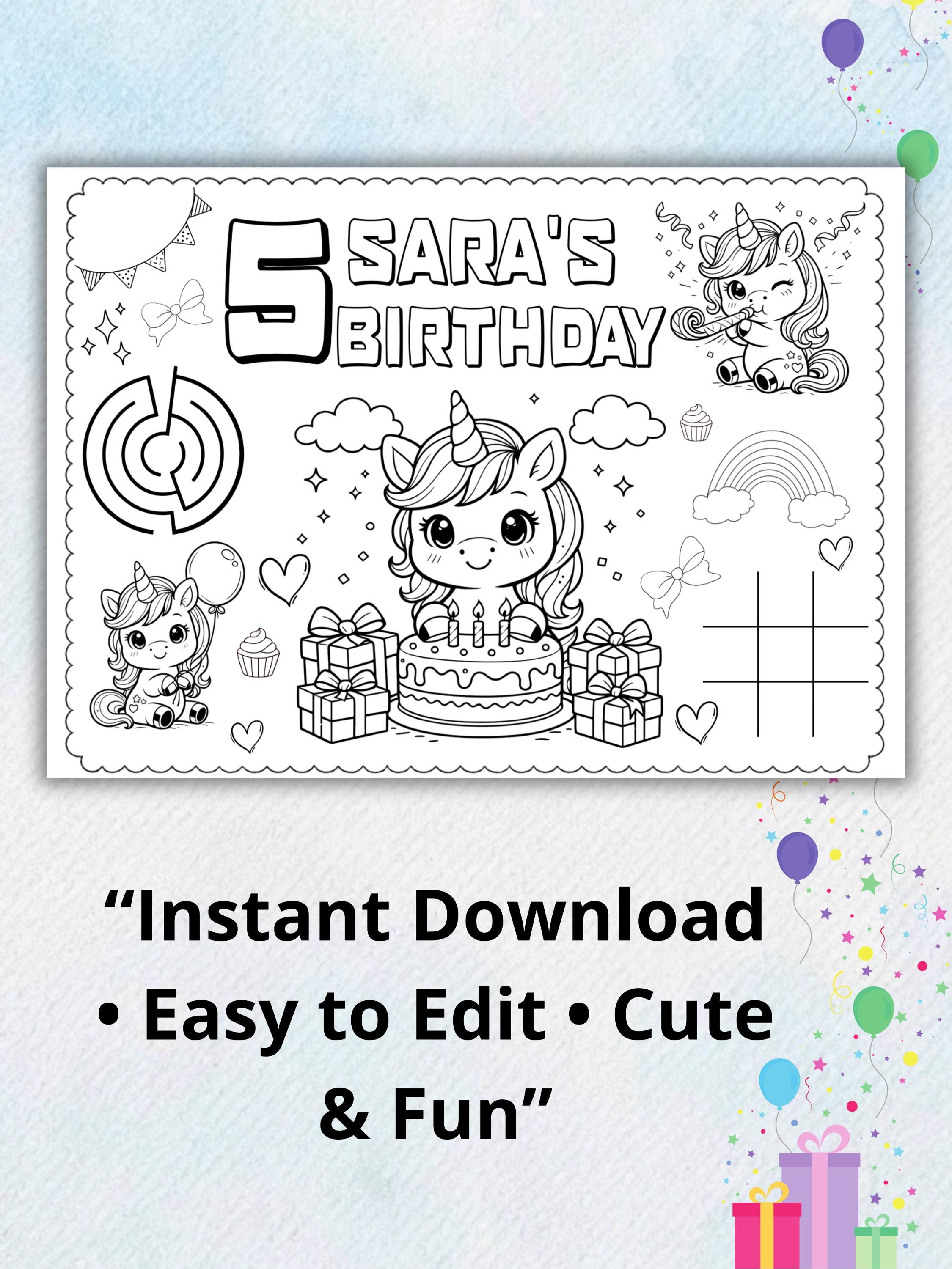 Editable Unicorn Birthday Coloring Page | Personalized Kids Coloring ...