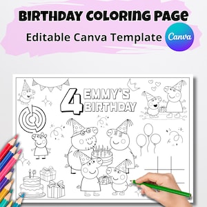 Può includere: Una pagina da colorare di compleanno in bianco e nero con il testo "BIRTHAY COLORING PAGE" e "Editable Canva Template". La pagina presenta maiali dei cartoni animati, una torta, regali e il testo "EMMY'S BIRTHDAY 4". Matite colorate e blocchi di lettere di legno sono nell'immagine.
