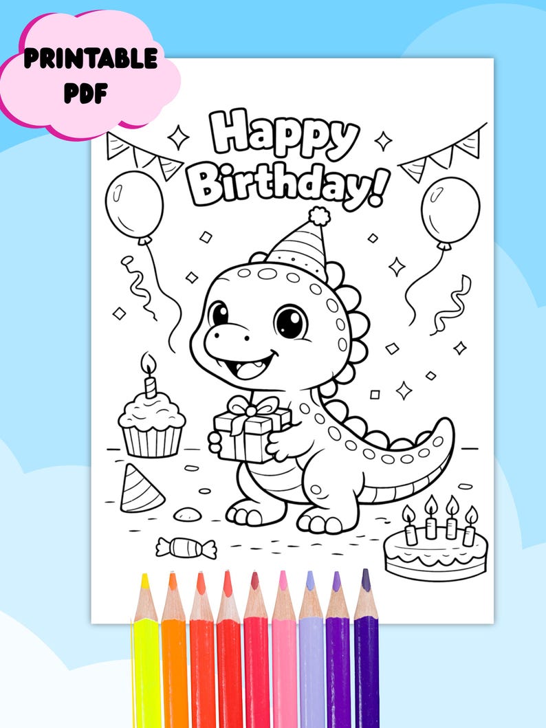 Dinosaur Birthday Coloring Page for Kids | Cute Dino Party Coloring ...