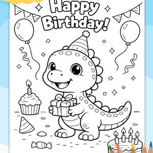 Può includere: Illustrazione in bianco e nero di un dinosauro che tiene un regalo, indossa un cappello da festa ed è circondato da decorazioni di compleanno. Le parole "Happy Birthday!" sono in alto. Include un cupcake, una torta, palloncini e coriandoli.