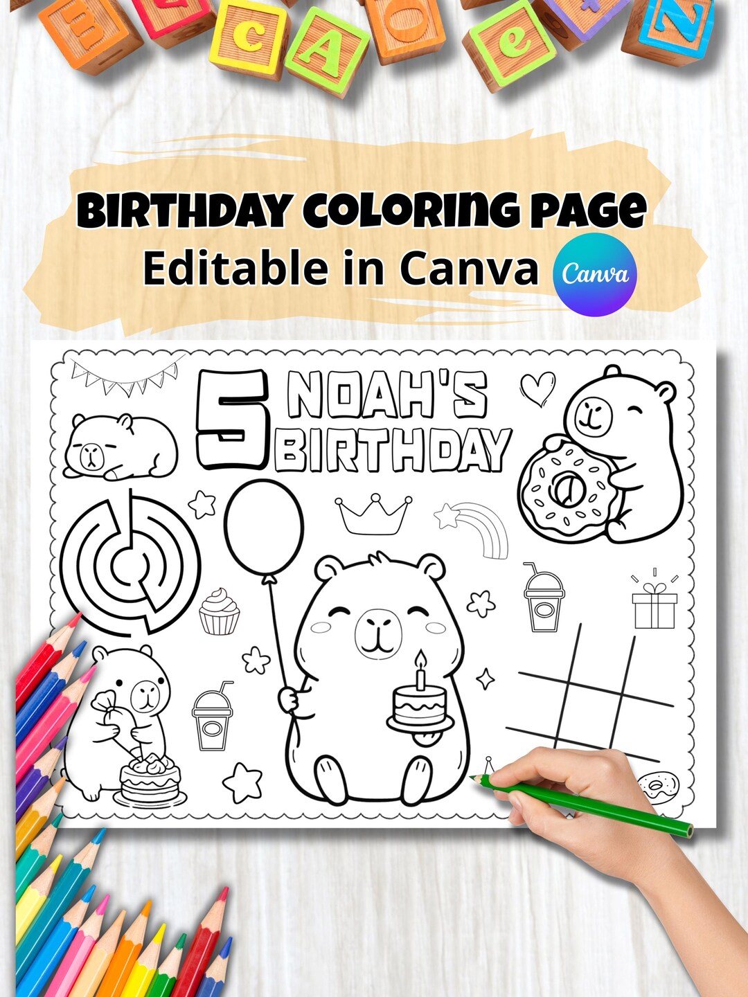 Capybara Birthday Coloring Page Editable in Canva | Personalized Kids ...