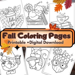 Può includere: Una collezione di pagine da colorare stampabili a tema autunnale. I disegni includono un gatto che dorme sui libri, uno scoiattolo con una ghianda e uno gnomo. Il titolo "Fall Coloring Pages" è visualizzato in modo prominente.
