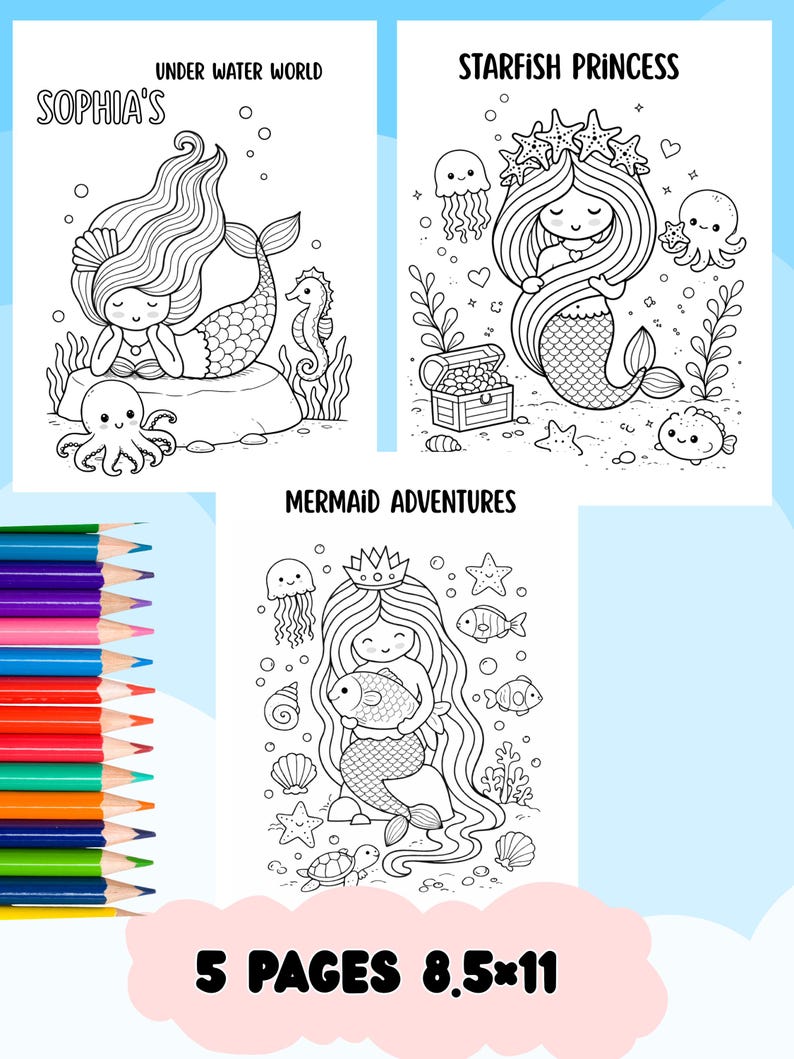 Editable Mermaid Coloring Pages | Personalized Under the Sea Printable ...