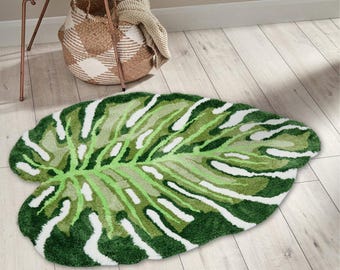 Tufted Monstera Leaf Rug: Fluffy Green Washable Polyester Rug
