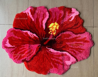 Hibiscus Flower Rug, Red Tropical Bath Mat, Non-Slip Floral Bathroom Decor, 3D Tufted Botanical Rug, Cottagecore Home Gift