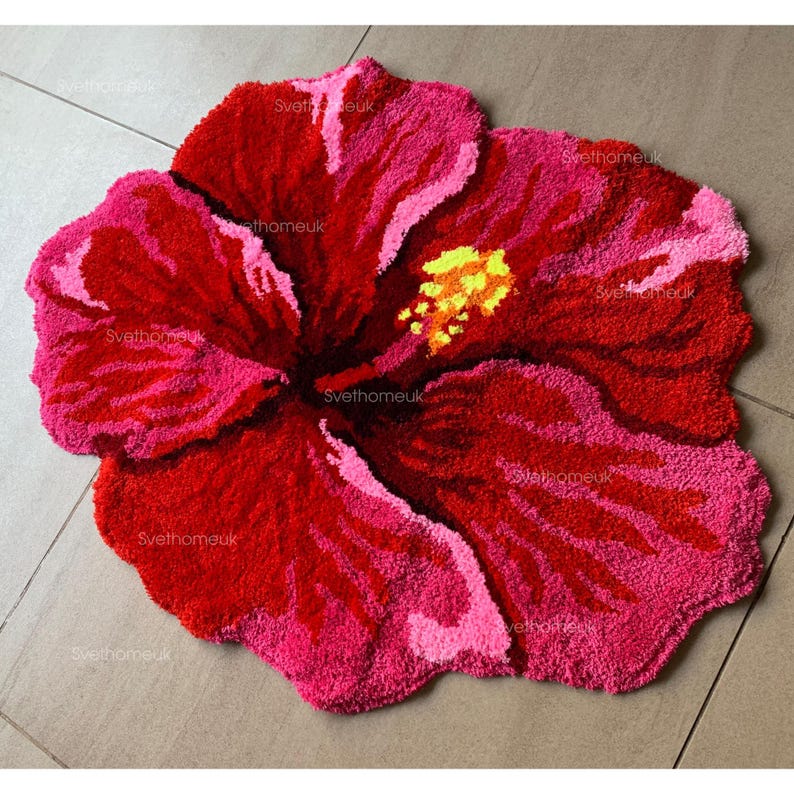 Hibiscus Rug Hibiscus Flower Rug, Red Tropical Bath Mat, Non-slip Floral Bathroom ...