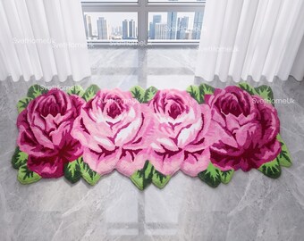 Rose Shaped Runner Rug - Plush 3D Flower Bath Mat in Pink Red Purple Blue Yellow - Non Slip Aesthetic Bedroom Carpet - Washable Floor Mat