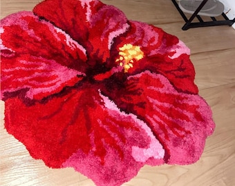 Hibiscus Flower Rug, Red Tropical Floral Bath Mat, Shaped Tufted Flower Rug for Aesthetic Room Decor, Botanical Accent Rug, Hibiscus Decor