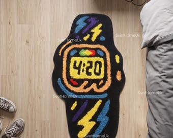 4:20 Clock Rug Non Slip Rubber Backed Mat, 31.5x16.5 in Stoner Room Decor, Retro Neon Watch Doormat, 80x42 cm Washable Funky Bath Carpet Art