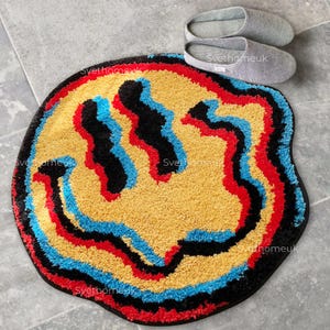 Dywan Trippy Smile | Dywan Smiley Face, Żółty dywan, Dywan pikowany, Obszar sypialni, | Dywan okrągły, Dywan do salonu, Dywan, Dywan na zamówienie, Kolorowy dywan