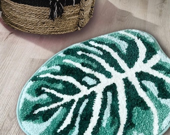 Monstera Leaf Rug | Tufted Bath Mat | Green Plant Rug | Fluffy Bathroom Rug | Non Slip Rug | Boho Home Decor | Plant Lover Gift