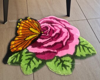 Rose and Butterfly Shaped Rug, Plush Tufted Floor Mat, Soft Fluffy Carpet for Home Decor, Bathroom and Bedroom, Unique Gift