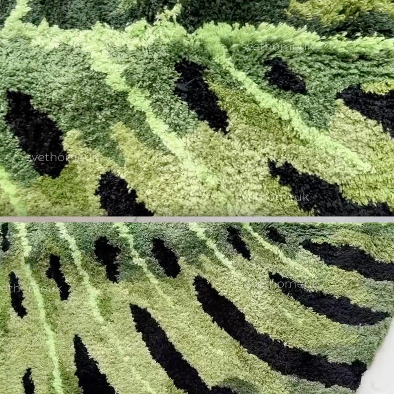 May include: Close-up of a textured rug with a camouflage pattern. The rug features shades of green and black, creating a layered effect. The design resembles a stylized animal print, adding a unique touch to the home decor.