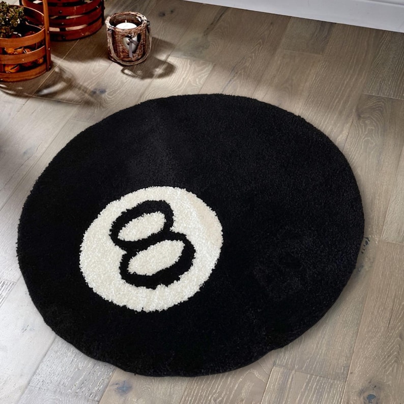 8 Ball Rug Tufted Round Carpet, Non Slip Billiard Area Rug, Aesthetic Game Room Decor, Plush Black White Bedroom Rug, Cool Gift for Him image 1