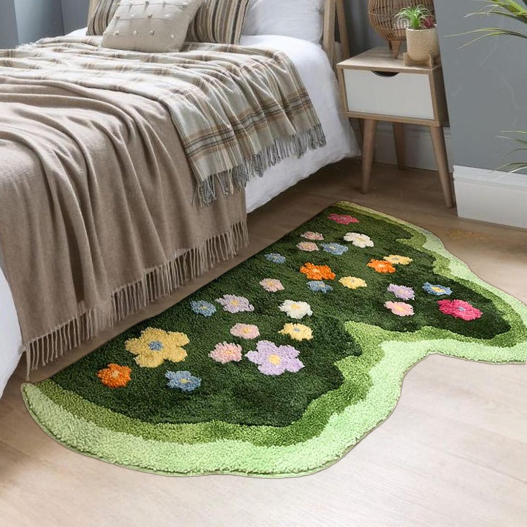 Flower Moss Fluffy Rug for Living Room, Modern Area Rugs, Green Flower ...