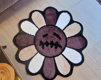 Tufted Flower Rug, Aesthetic Smiling Face Floor Mat, Hypebeast Room Decor, Plush Pop Art Carpet, Vibrant Bedroom Area Rug