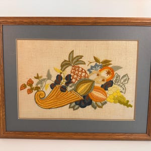 Vintage Crewel Embroidery Cornucopia Fruit Framed Wall Art
