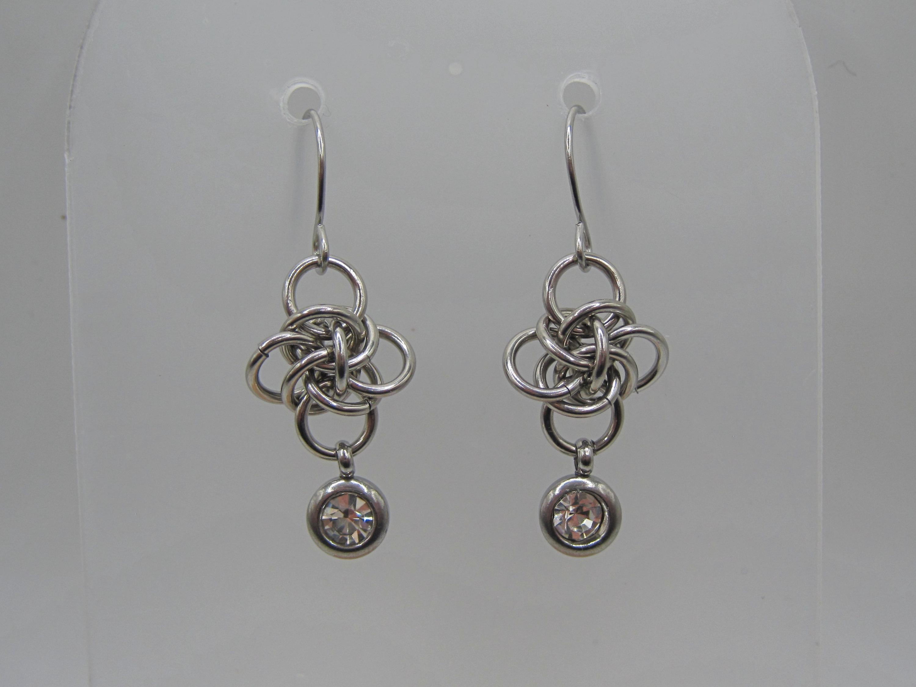 Celtic-Inspired Persephone Weave Chainmail Earrings with Rhinestone Gem Bead – Handmade in 14 Colors