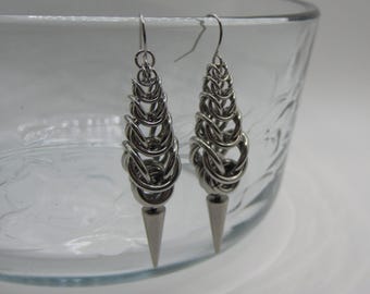 Graduated Box Weave Chainmail Earrings with Spike, Handmade Stainless Steel Industrial Jewelry