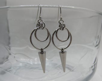 Striking Spike Drop Earrings - Handmade Stainless Steel - Silver Gothic O-Ring Statement Earrings for Women