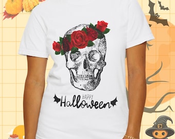 Happy Halloween Skull T-Shirt: Gothic Floral Skull Graphic Tee