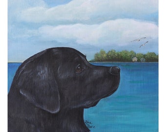 Black labrador retriever bird watching greeting card pet painting
