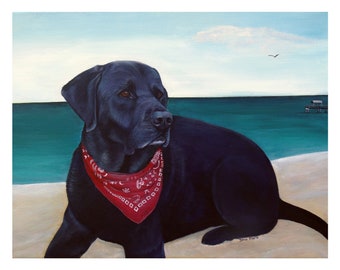 Black labrador retriever on the beach greeting card original labrador pet painting