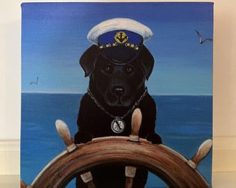 Black Lab Captain Canvas Art Print, Whimsical Dog Portrait