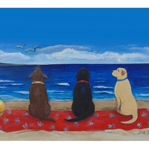 Custom Labrador beach bums painting - black lab, yellow lab, chocolate lab sitting on beach or playing- labrador painting